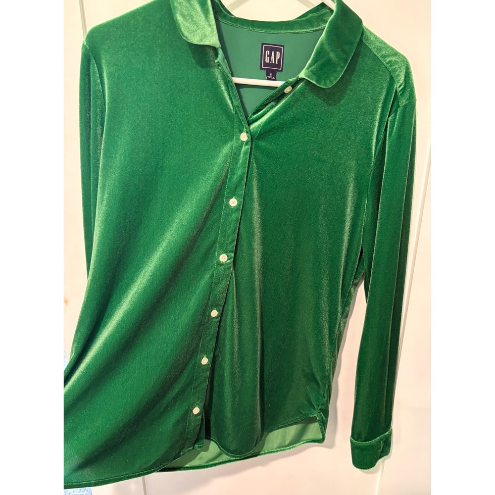 Gap Green Velvet Button Down Shirt Long Sleeve Emerald Holiday Top Womens Small
